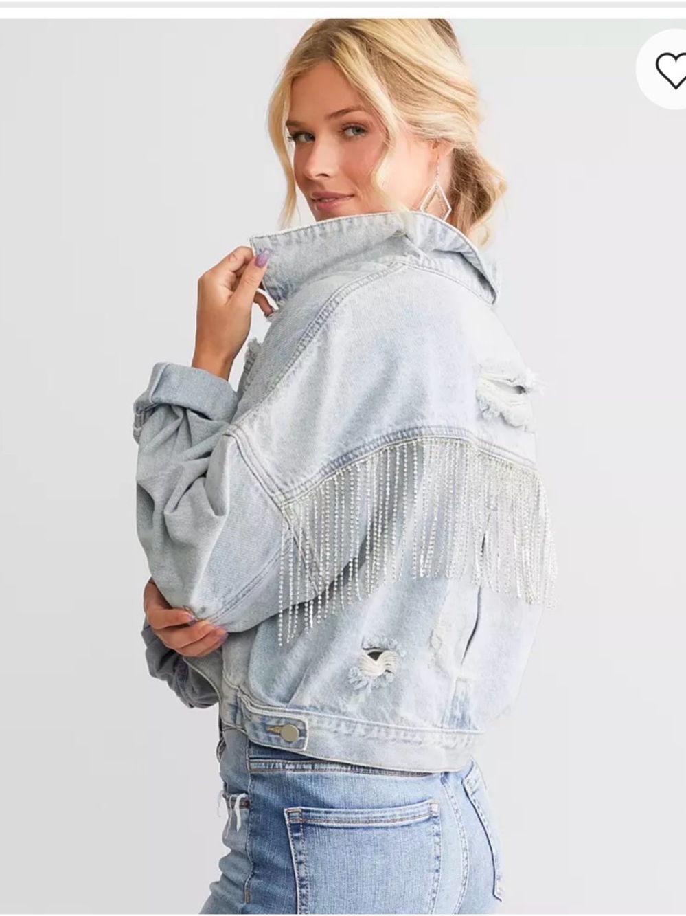 Light Wash Denim Jean Jacket with Rhinestone Fringe